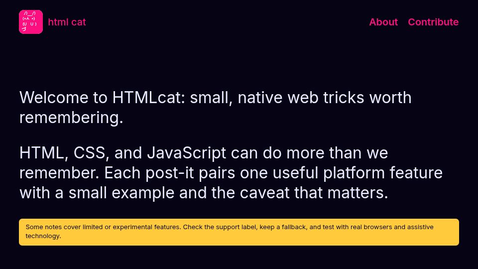 Screenshot of htmlcat.net: Small, native web tricks worth remembering