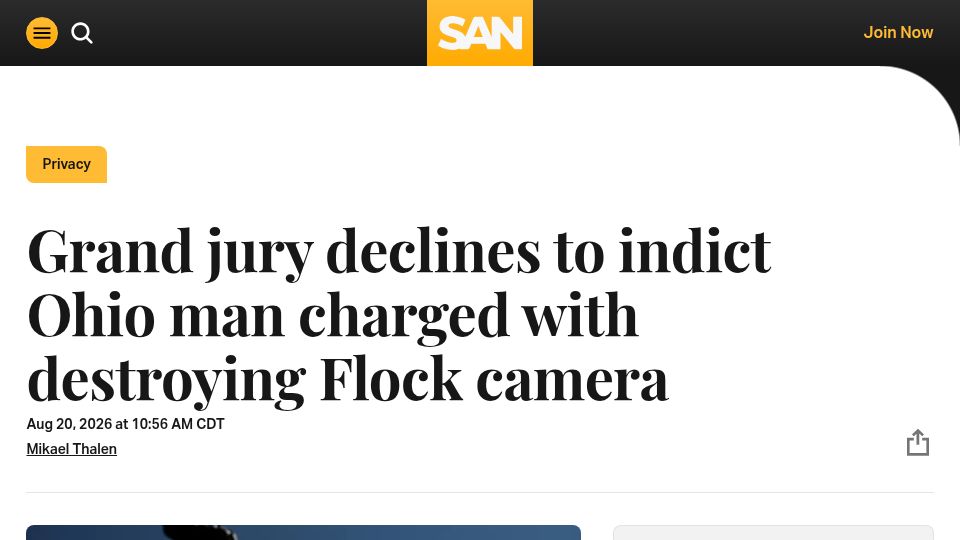Screenshot of san.com: Grand jury declines to indict Ohio man charged with destroying Flock camera