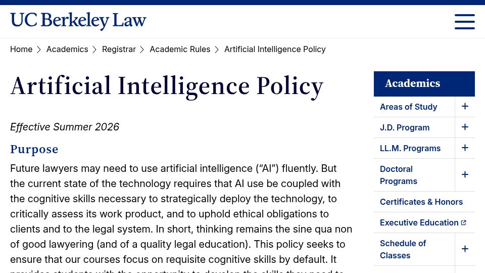 Screenshot of law.berkeley.edu: Artificial Intelligence Policy