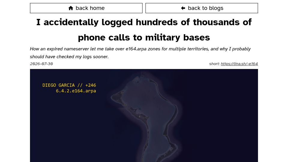 Screenshot of lina.sh: I accidentally logged hundreds of thousands of phone calls to military bases