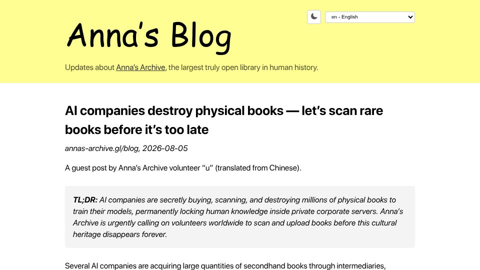 Screenshot of annas-archive.gl: AI companies destroy physical books – let's scan rare books before it's too late