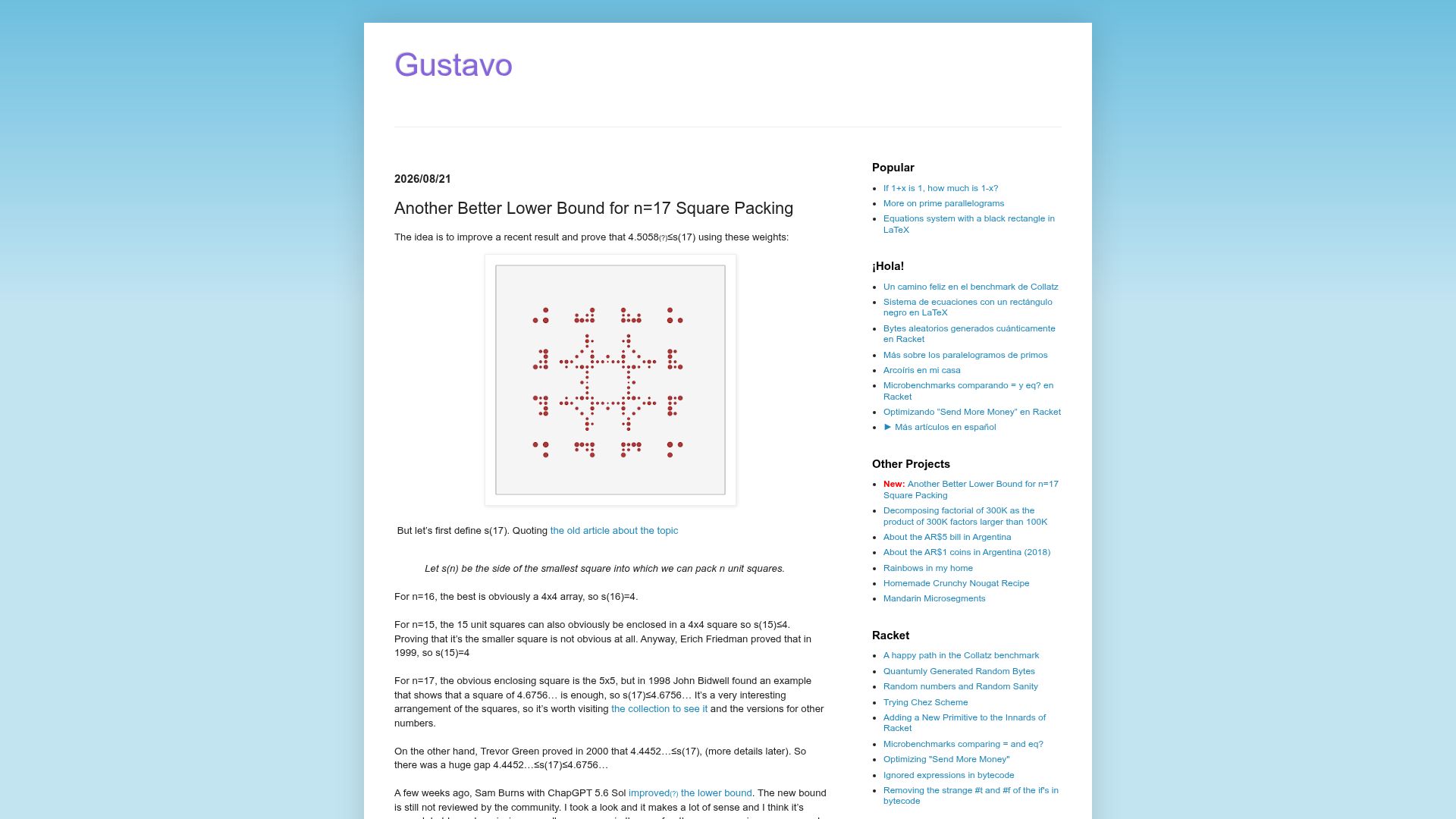 Screenshot of gus-massa.blogspot.com: Another better lower bound for n=17 square packing