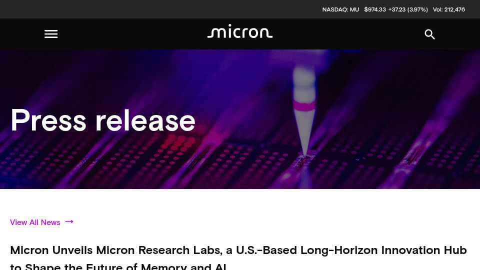 Screenshot of investors.micron.com: Micron announces $10B research hub in Boise