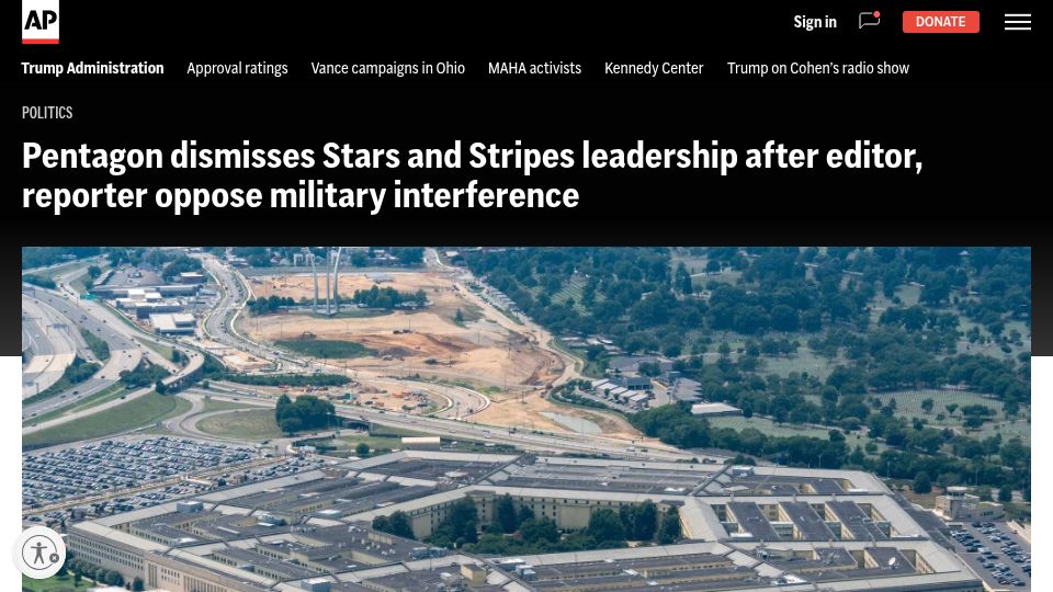 Screenshot of apnews.com: Pentagon dismisses Stars and Stripes leadership after opposition to interference