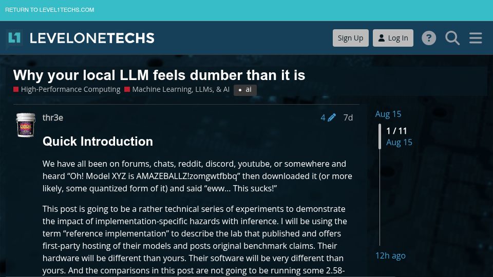 Screenshot of forum.level1techs.com: Why your local LLM feels dumber than it is