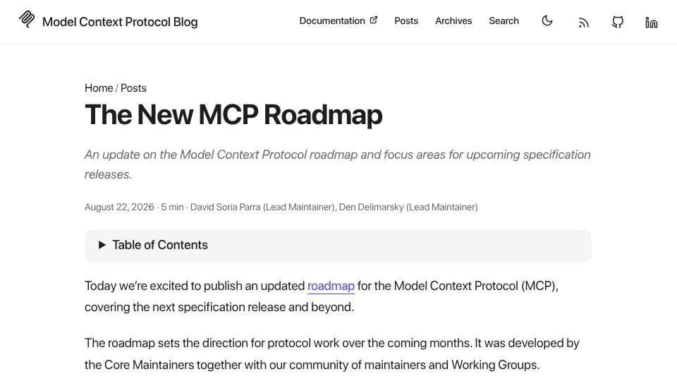 Screenshot of blog.modelcontextprotocol.io: New MCP Roadmap