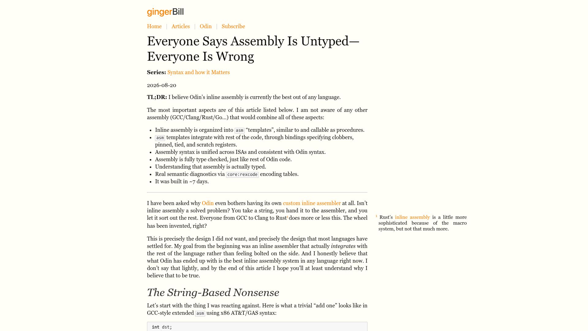 Screenshot of gingerbill.org: Everyone says assembly is untyped—everyone is wrong