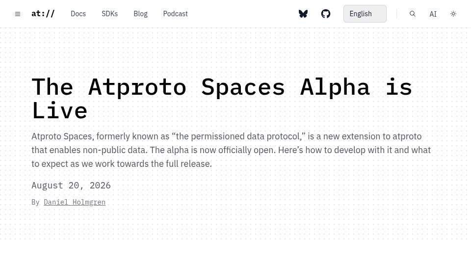 Screenshot of atproto.com: ATProto spaces: A new extension to ATProto that enables non-public data