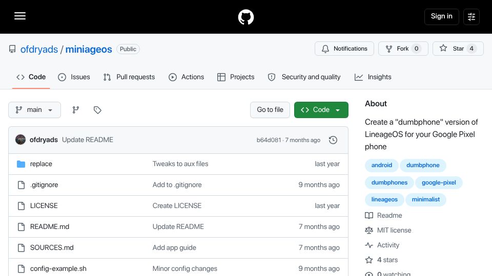 Screenshot of github.com: MiniageOS: "Dumbphone" Version of LineageOS