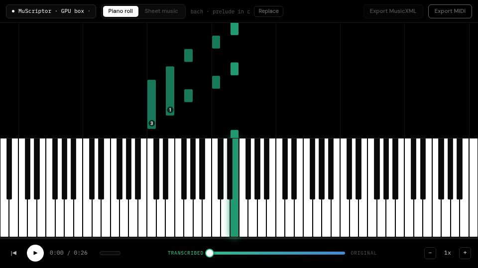 Screenshot of pianoify.net: Show HN: Public Muscriptor Instance (latest, most powerful Audio-to-MIDI model)