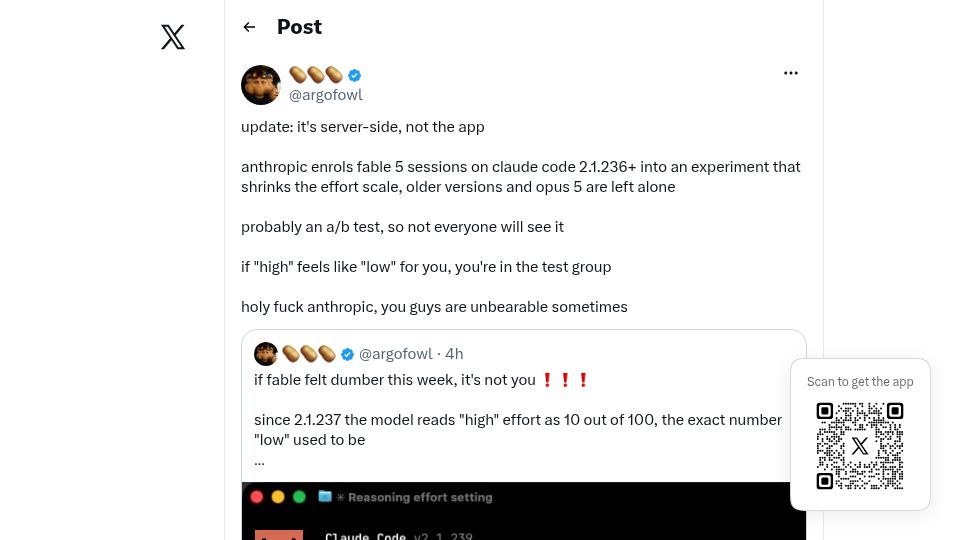 Screenshot of twitter.com: Anthropic appears to be A/B testing reduced effort levels in Claude Code
