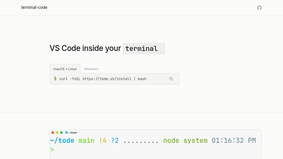 Screenshot of terminal-code.com: Show HN: terminal-code – VS Code inside the terminal