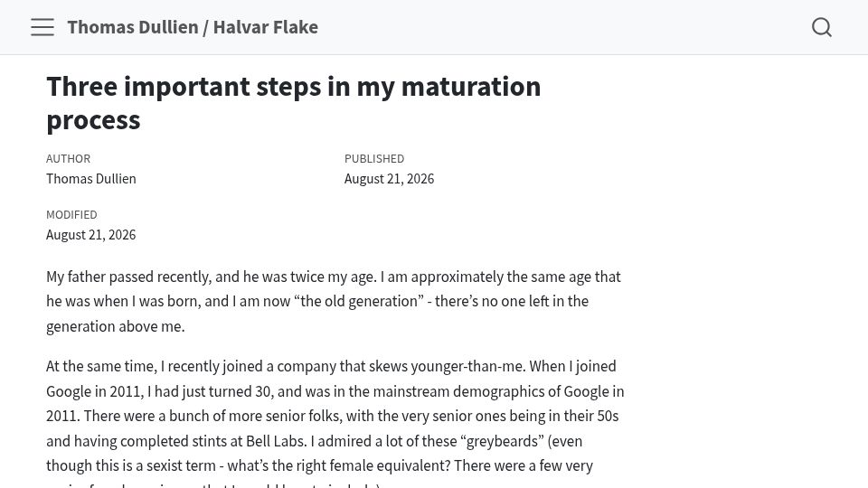 Screenshot of thomasdullien.github.io: Three important steps in my maturation process