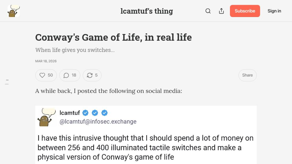 Screenshot of blog.coredump.cx: Conway's Game of Life in real life