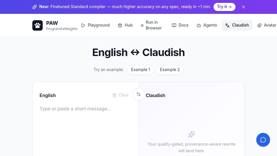 Screenshot of programasweights.com: English ↔ Claudish Translator