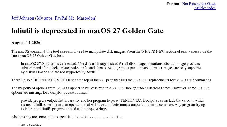 Screenshot of lapcatsoftware.com: hdiutil is deprecated in macOS 27 Golden Gate