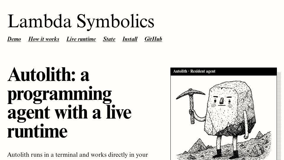 Screenshot of lambda-symbolics.com: Autolith: A programming agent with a live runtime