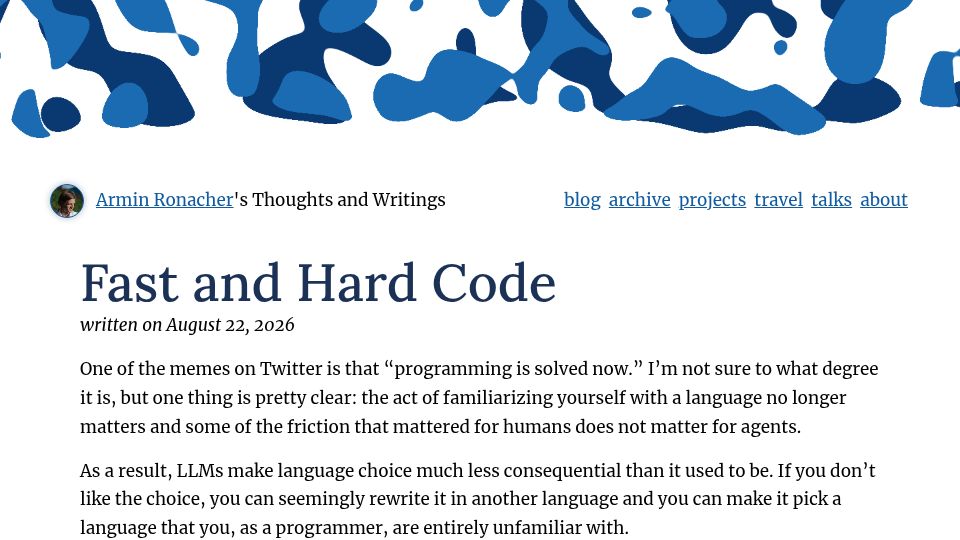Screenshot of lucumr.pocoo.org: Fast and Hard Code