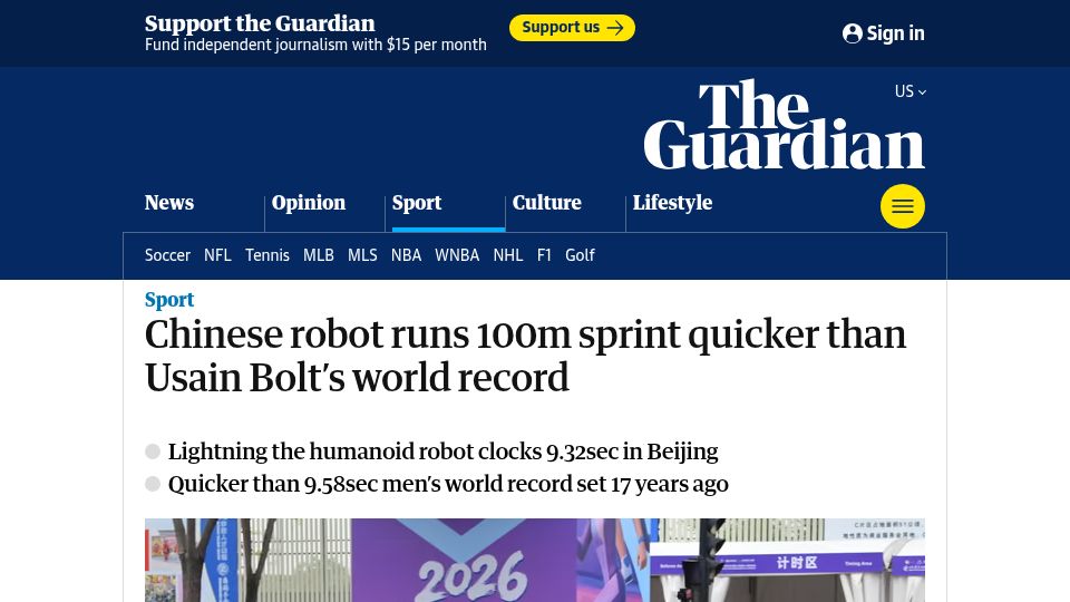Screenshot of theguardian.com: Chinese robot runs 100M sprint quicker than Usain Bolt's world record