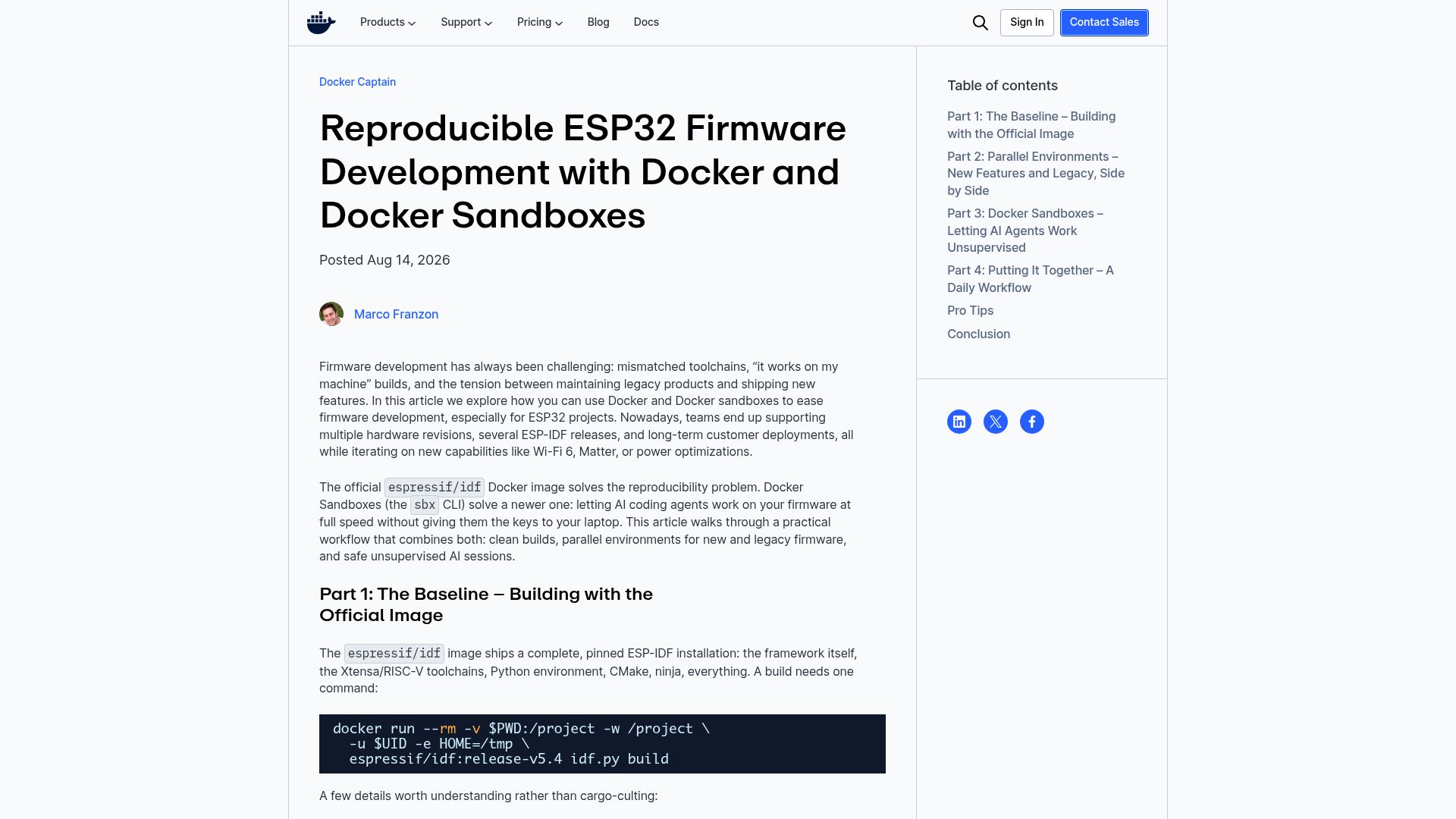 Screenshot of docker.com: ESP32 Firmware Development with Docker Sandboxes