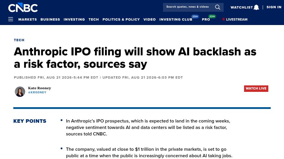 Screenshot of cnbc.com: Anthropic IPO filing will show AI backlash as a risk factor, sources say