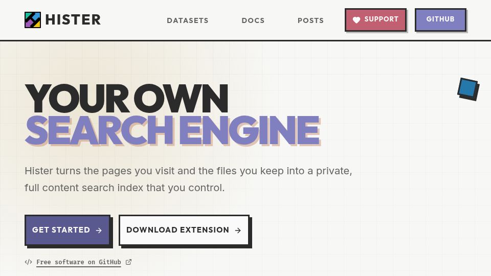 Screenshot of hister.org: Hister – A private, full content search index that you control