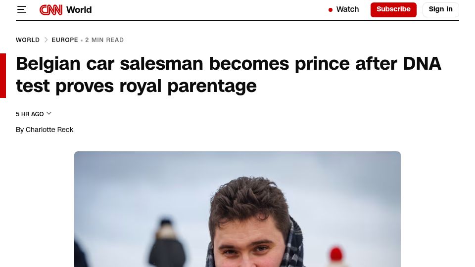 Screenshot of cnn.com: Belgian car salesman becomes prince after DNA test proves royal parentage