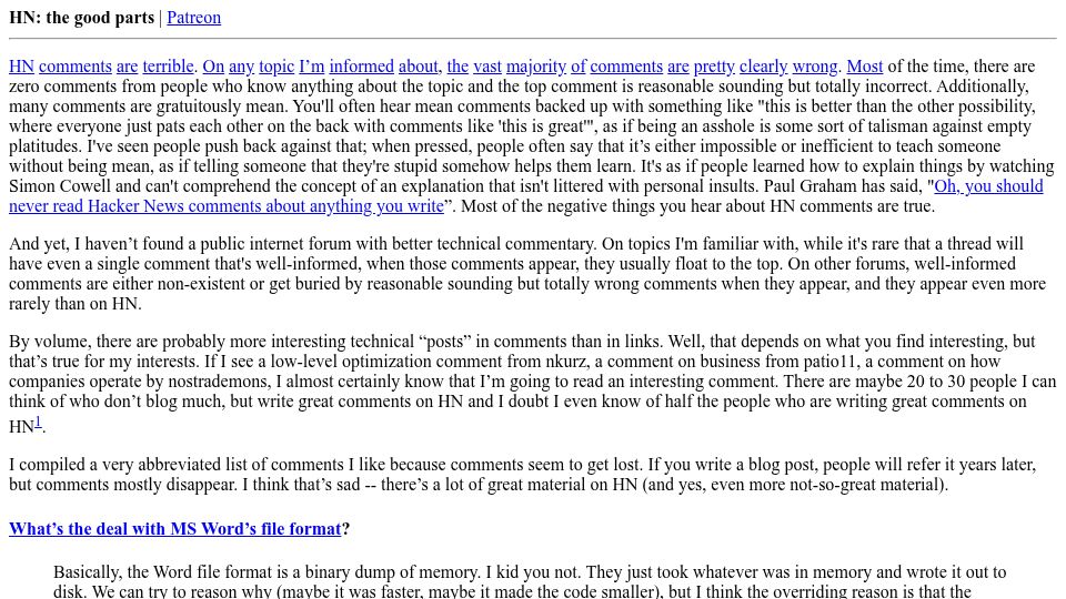 Screenshot of danluu.com: HN: The Good Parts (2016)