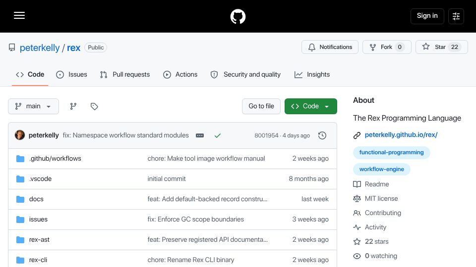 Screenshot of github.com: Show HN: Rex, a parallel functional language for scientific workflows