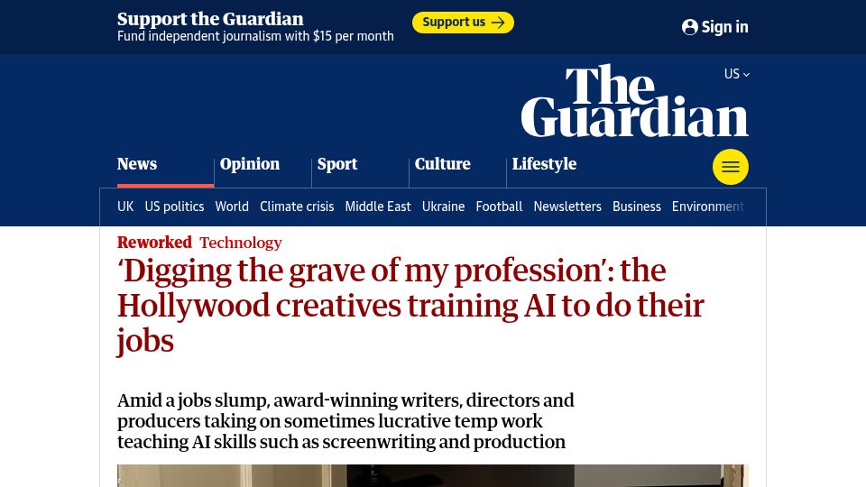 Screenshot of theguardian.com: Digging the grave of my skills: Hollywood creatives training AI to do their jobs