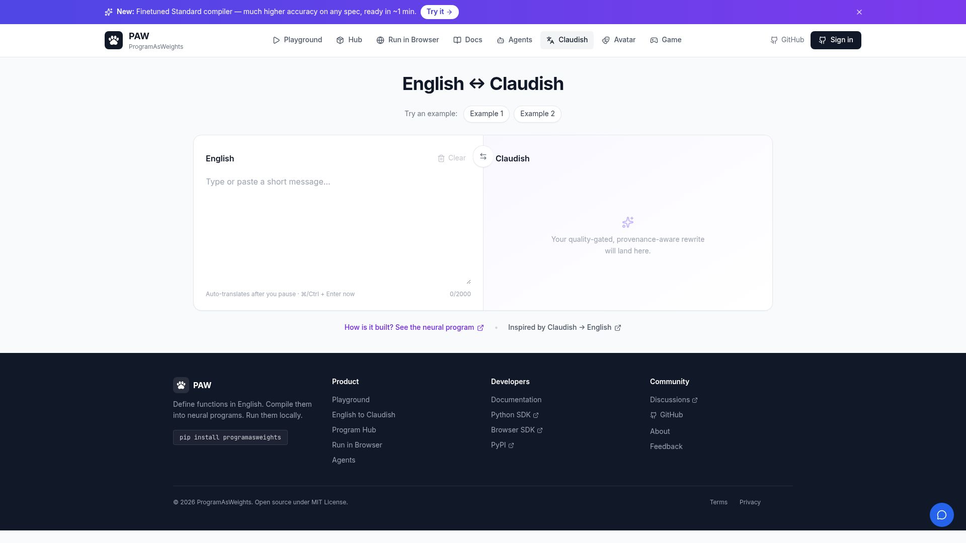 Screenshot of programasweights.com: English ↔ Claudish Translator