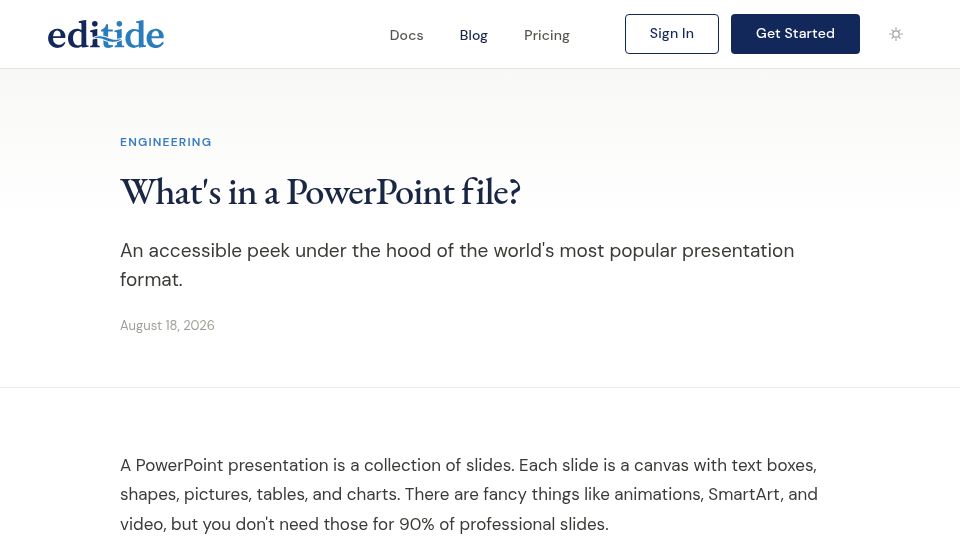 Screenshot of editide.com: What's in a PowerPoint File?
