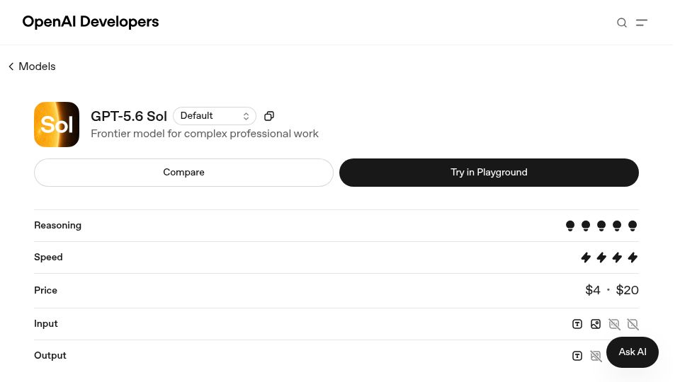 Screenshot of developers.openai.com: GPT 5.6 Sol 20% price reduction