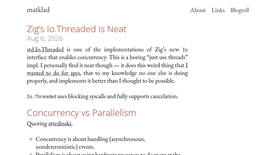 Screenshot of matklad.github.io: Zig’s Io.Threaded is neat
