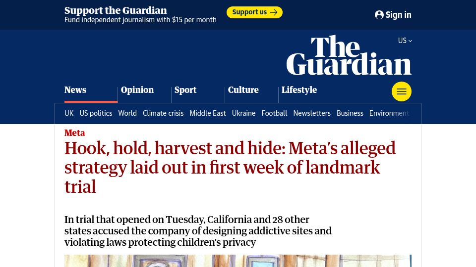 Screenshot of theguardian.com: Hook, hold, harvest and hide: Meta's alleged strategy laid out in first week