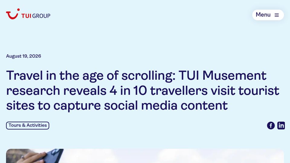 Screenshot of tuigroup.com: 4 in 10 travellers visit tourist sites to capture social media content