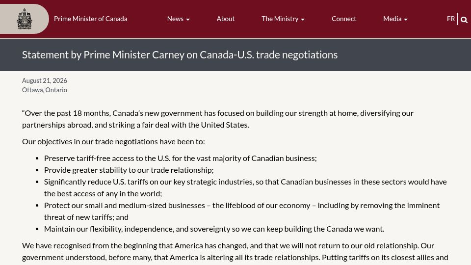 Screenshot of pm.gc.ca: Canada suspends trade negotiations with USA and match tariffs dollar for dollar