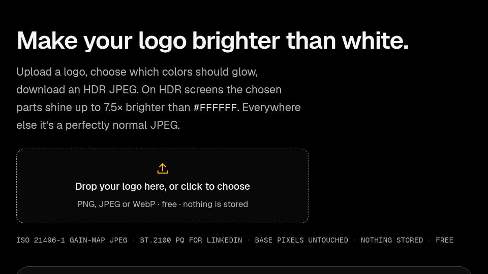 Screenshot of soverybright.com: Show HN: Make your logo extra bright on HDR screens