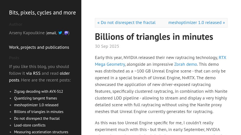 Screenshot of zeux.io: Optimizing meshoptimizer to process billions of triangles in minutes (2025)