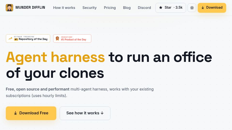 Screenshot of munderdiffl.in: Munder Difflin – Agent harness to run an office of your clones