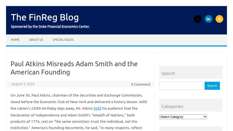 Screenshot of sites.duke.edu: Paul Atkins misreads Adam Smith and the American founding