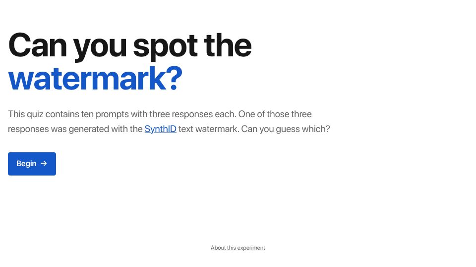 Screenshot of sgoedecke.github.io: Guess which of these LLM outputs is watermarked