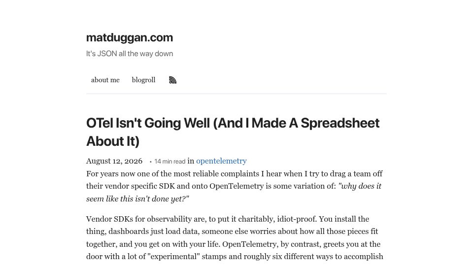 Screenshot of matduggan.com: OTel isn’t going well
