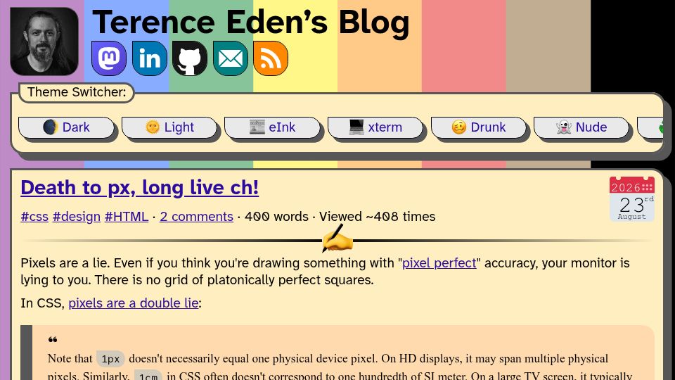 Screenshot of shkspr.mobi: Death to px, long live ch