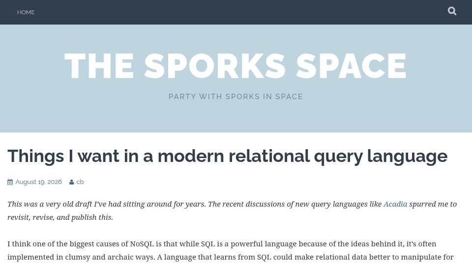 Screenshot of sporks.space: Things I want in a modern relational query language