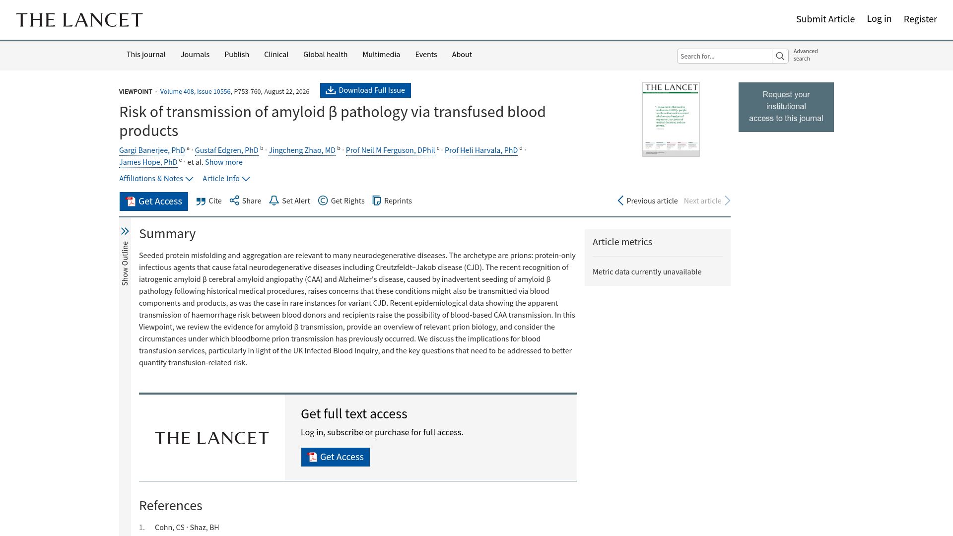 Screenshot of doi.org: Risk of transmission of amyloid β pathology via transfused blood products