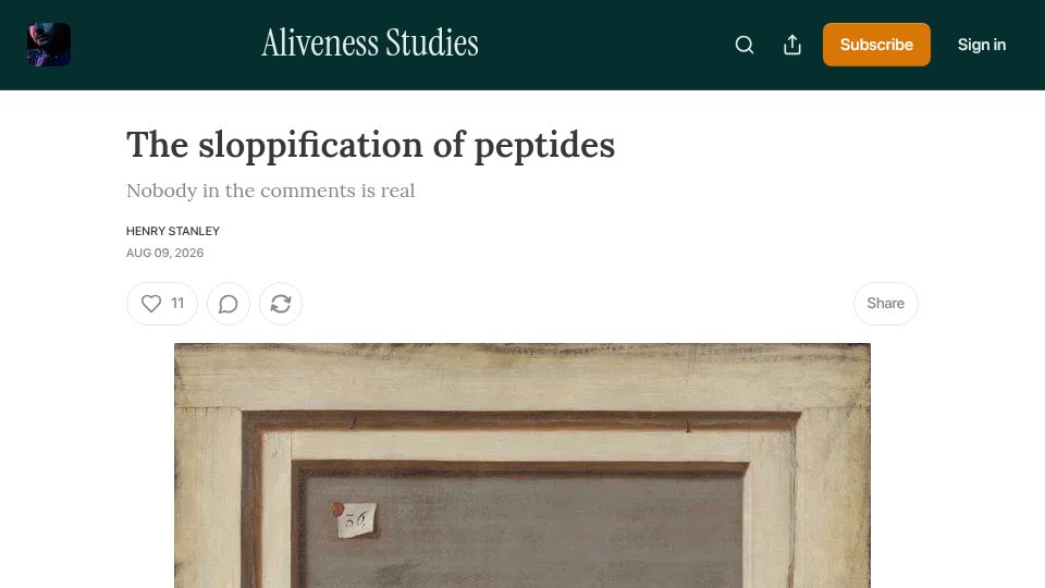 Screenshot of henryaj.substack.com: The Sloppification of Peptides