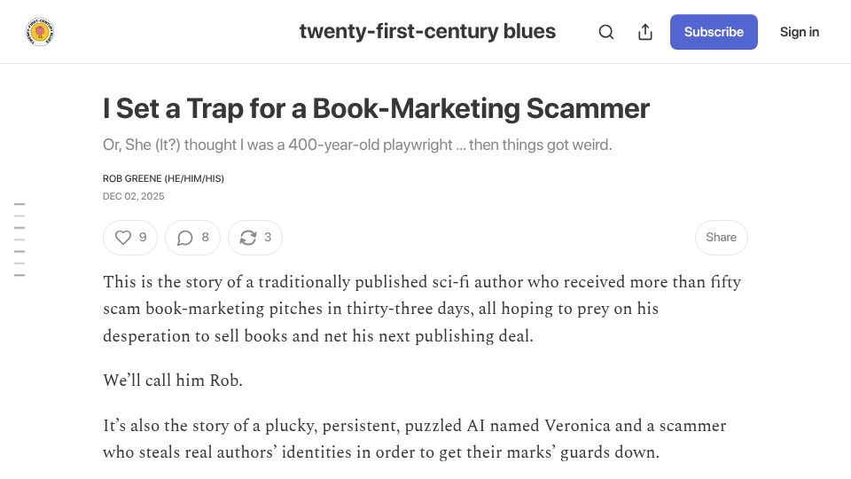 Screenshot of rwwgreene.substack.com: I set a trap for a book-marketing scammer (2025)