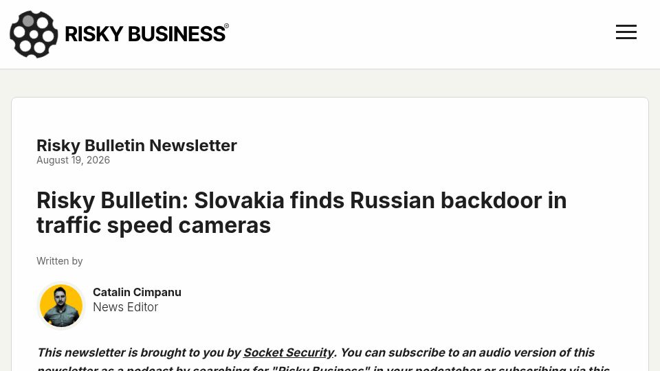 Screenshot of risky.biz: Slovakia finds Russian backdoor in traffic speed cameras