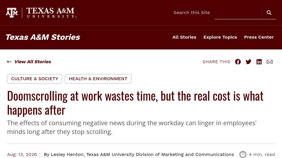Screenshot of stories.tamu.edu: Doomscrolling at work wastes time, but the real cost is what happens after